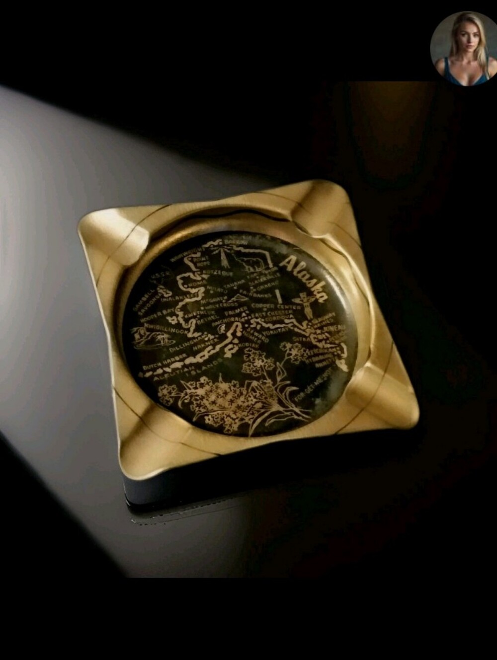 Vintage Gold Toned Mid Century Alaska Picture Map Ashtray Souvenir.